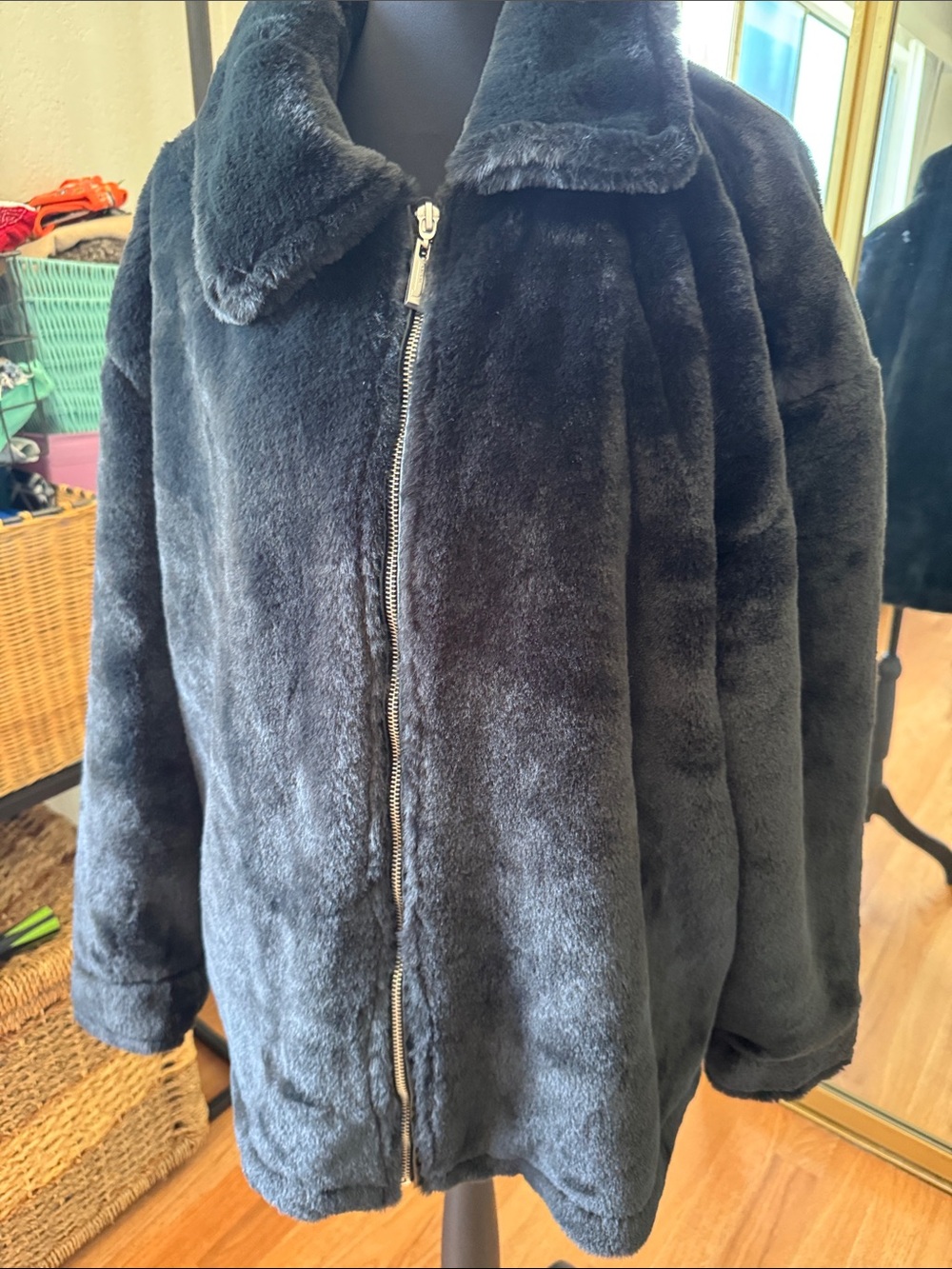 Jou Jou Plush Faux Fur Pea Coat in Black